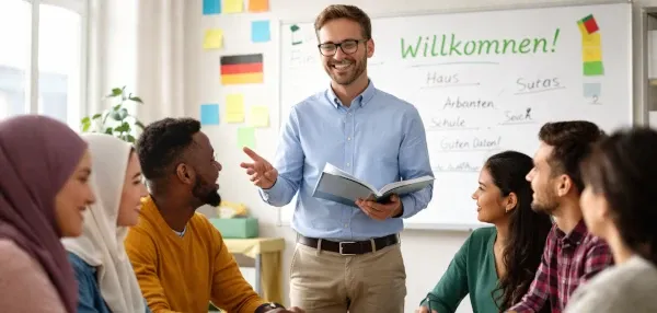 Ein Mann steht lächelns mit einem Buch in der Hand vor einer Gruppe von sechs sitzenden Personen und macht eine Geste. Die Zuhörenden sind interessiert zu und wirken freundlich. Im Hintergrund hängt eine Whitboard mit der Überschrift "Willkommen".