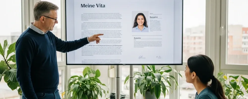 Ein Mann mittleren Alters bespricht mit einer jungen Frau Bewerbungsunterlagen.