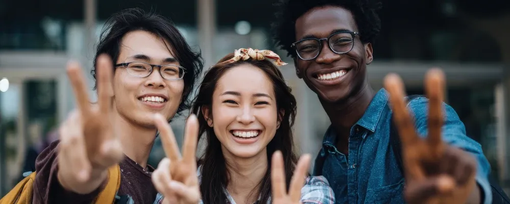 Gruppe junger Menschen zeigt Friedenzeichen