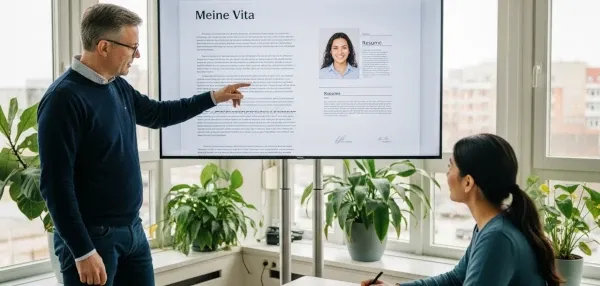 Ein Mann mittleren Alters bespricht mit einer jungen Frau Bewerbungsunterlagen